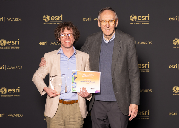 2025 Esri UC Awards Ceremony; Chandler White, Jack Dangermond (Esri cofounder and president; left-to-right)